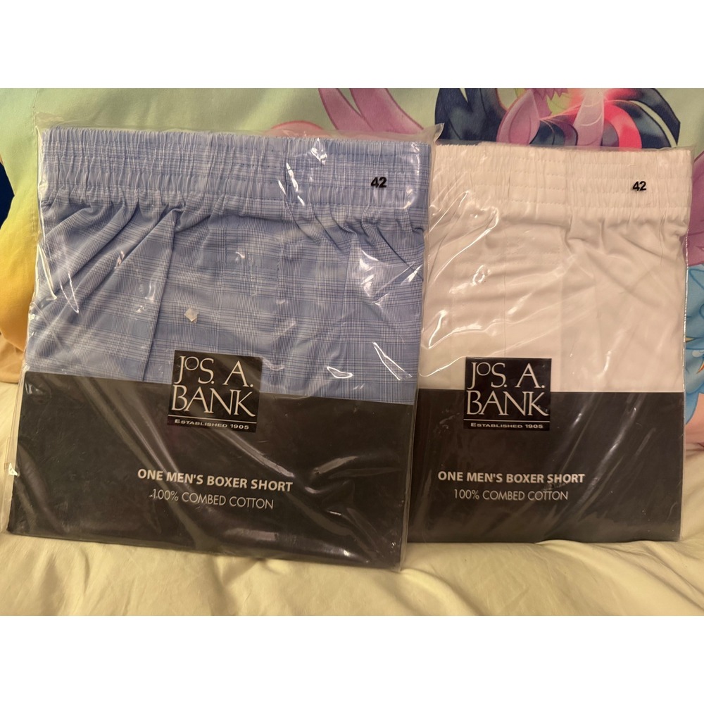 Jos. A. Bank Mens Boxer Shorts 2 Pack Blue Glen Plaid White Cotton Size 42 NIP
